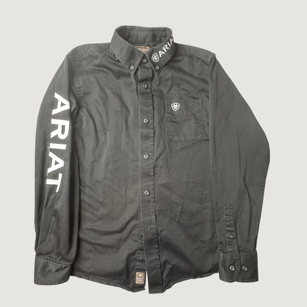 Ariat Shirt Boys M 10-12 Black Team Logo Twill LS Button Down 10045426 Western